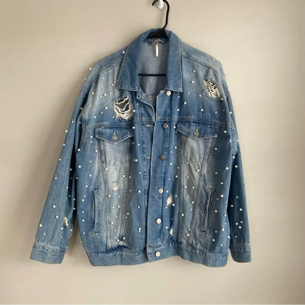 Free People Sunday Funday Blue Oversized Pearl Denim Jacket Distressed Slouchy - Picture 3 of 10